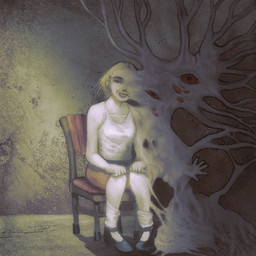 blonde_hair body_horror bottomwear chair clothing detailed_background eyelashes female footwear furniture hair horror_(theme) looking_at_viewer multi_arm multi_eye multi_hand multi_limb not_furry on_chair pale_skin red_eyes shirt shoes sitting sitting_on_chair smile socks solo tank_top topwear unusual_anatomy plastiboo humanoid monster 1:1 hi_res
