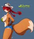 anthro big_breasts bikini blue_eyes bottomwear braided_hair breasts brown_body brown_fur clothed clothing cowboy curvy_figure female fur hair huge_breasts long_hair multicolored_body multicolored_fur red_hair shorts smile solo swimwear tail thick_thighs two-piece_swimsuit two_tone_body two_tone_fur voluptuous wide_hips chalo las_lindas ann_gustave canid canine fox mammal red_fox true_fox hi_res