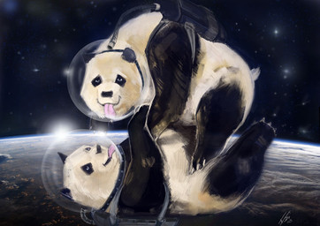 ambiguous_gender duo earth looking_at_viewer open_mouth planet space star sun tongue what what_has_science_done where_is_your_god_now edi bear giant_panda mammal