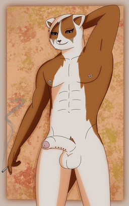 abs anthro balls brown_body brown_eyes brown_fur cigarette erection frenum_ladder frenum_piercing fur genital_piercing genitals ladder_piercing looking_at_viewer male muscular muscular_anthro muscular_male nipple_piercing nipples nude pecs penis penis_piercing piercing raised_arm simple_background smile smoke smoking solo solo_focus tail tan_body tan_fur teeth seiune loris lorisoid mammal primate slow_loris strepsirrhine absurd_res digital_media_(artwork) hi_res