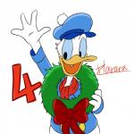 4_fingers anthro beak blue_clothing blue_sclera bottomless clothed clothing fingers hat headgear headwear holidays open_mouth open_smile scarf simple_background smile solo white_background wreath yellow_beak harara christmas disney donald_duck anatid anseriform avian bird duck 1:1 2018 hi_res signature