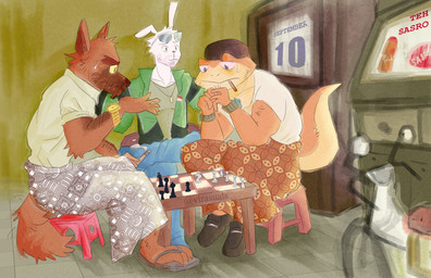 anthro bottomwear calendar chess cigarette clothing denim denim_bottomwear denim_clothing eyewear eyewear_on_head facial_hair furniture glasses glasses_on_head group hat headgear headwear interior_background jacket jeans jewelry male motor_scooter necklace pants sarong stool table topwear trio virasuals canid canine canis domestic_dog gecko german_shepherd herding_dog lagomorph leporid lizard mammal pastoral_dog rabbit reptile scalie hi_res