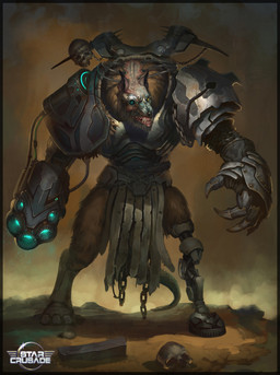 anthro armor bone brown_body brown_fur cybernetic_eye cybernetics fur machine male power_armor prosthetic prosthetic_leg prosthetic_limb science_fiction sharp_teeth simple_background skull solo standing tail teeth cynic-pavel star_crusade canid mammal 2016 hi_res official_art