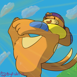 2_tails 3_fingers backwards_baseball_cap backwards_hat baseball_cap black_nose clothing cloud countershade_face countershade_torso countershading cute_fangs dipstick_tail energetic excited fangs feral fin fingers flotation_sac forked_tail fur gesture grass hair hair_through_hat hand_gesture hat headgear headwear male markings midair multi_tail no_pupils open_mouth orange_body orange_fur outside plant pointing pool_float sky solo tail tail_markings tan_body tan_fur teeth text unusual_anatomy unusual_tail bigfishfost nintendo pokemon abuihiroshi_(ntsp) buizel generation_4_pokemon pokemon_(species) 1:1 artist_name hi_res