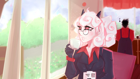 apron beverage clothing coffee container cup drinking duo eyelashes eyewear female female_focus glass glasses hair happy home horn id_card inside male nature not_furry plant red_eyes relaxing shirt shirt_collar sitting smile topwear tree wall_(structure) warm white_hair window meryiel helltaker pandemonica_(helltaker) protagonist_(helltaker) demon demon_humanoid human humanoid mammal 16:9 hi_res warm_colors widescreen