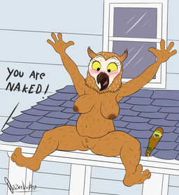 alcohol anthro beak beer beverage big_breasts blush breasts brown_body drunk feet female genitals nude outside public public_nudity rooftop slightly_chubby solo substance_intoxication surprised thick_thighs vulva window daison_the_fox bojack_horseman netflix wanda_pierce avian bird owl hi_res