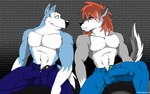 anthro biceps biped blue_body blue_bottomwear blue_clothing blue_eyes blue_fur blue_pants bottomwear bulge closed_smile clothed clothing duo eye_contact fluffy fluffy_tail fur fur_markings fur_tuft gloves_(marking) grey_body grey_fur hair looking_at_another male markings mouth_closed muscular muscular_anthro muscular_male pants pants_only red_hair sitting smile snout tail tuft unzipped unzipped_pants white_body white_fur zipper fabfelipe road_rovers exile_(road_rovers) sento_silvermoon canid canine canis domestic_dog husky mammal nordic_sled_dog spitz wolf 16:10 2008 digital_media_(artwork) widescreen