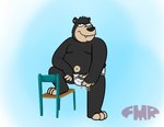 anthro barefoot black_body black_fur black_nose blue_background briefs briefs_only clothed clothing feet fur male navel one_foot_on_chair overweight overweight_male sharp_teeth simple_background sitting smile solo teeth teeth_showing tighty_whities toony topless underwear underwear_only white_background white_briefs white_clothing white_underwear y-fronts foxmanad dom_(foxmanad) bear mammal signature