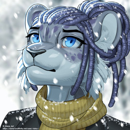 anthro blue_eyes blue_hair detailed_background dreadlocks eyebrows eyelashes female hair scarf snow snowflake snowing solo text conditional_dnp riska_(artist) legend_of_ahya natalia_ruyemov_(darkflamewolf) felid feline leopard mammal pantherine snow_leopard 1:1 bust_portrait detailed hi_res icon portrait url
