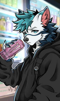 anthro backpack beverage beverage_can black_clothing black_hoodie black_nails black_nose black_topwear blue_body blue_eyes blue_fur blue_hair blue_markings blue_paws cheek_tuft clothing colored_nails detailed_background facial_tuft fluffy fur fur_markings hair holding_object hoodie long_hair long_sleeves looking_at_viewer machine male markings multicolored_body multicolored_fur nails night pink_ears solo stripes topwear tuft vending_machine white_body white_fur white_markings italo_dober monster_energy mythology freki_(kuro_boi) canid canine canis mammal mythological_canine mythological_creature werecanid werecanine werecreature werewolf wolf hi_res