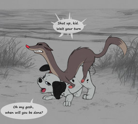 all_fours bodily_fluids clenched_teeth cum dialogue duo fangs feral genital_fluids impatient male male/male open_mouth sex speech_bubble teeth text tongue young xghostwolfx 101_dalmatians 101_dalmatians:_the_series disney lucky_(101_dalmatians) scorch_(101_dalmatians) canid canine canis dalmatian domestic_dog domestic_ferret mammal mustelid musteline true_musteline weasel 2025 english_text hi_res