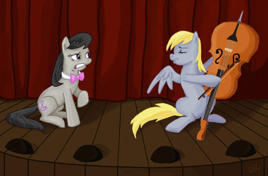 bow_(stringed_instrument) bowed_string_instrument cello cutie_mark detailed_background doing_it_wrong duo feathered_wings feathers female feral grey_body grey_feathers hair musical_instrument quadruped string_instrument tail teeth toony wings sorc friendship_is_magic hasbro my_little_pony mythology derpy_hooves_(mlp) octavia_(mlp) earth_pony equid equine horse mammal mythological_creature mythological_equine pegasus pony