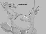 anthro belly belly_grab big_belly bloated dialogue duo fluffy fluffy_tail male navel nude size_difference slightly_chubby tail text dodgesthehusky disney zootopia finnick_(zootopia) nick_wilde canid canine fennec_fox fox mammal red_fox true_fox english_text hi_res monochrome