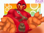 anthro balls_outline beak biped bottomwear bulge claws clothing detailed_bulge eyewear genital_outline glasses harness loincloth lying male male_anthro muscular nipples paws simple_background solo baxter_wolfy adler_mortis avian bird cardinal_(bird) northern_cardinal oscine passerine 4:3 absurd_res hi_res