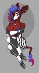 anthro biped blue_eyes breasts cybernetics female hair hooves horn machine multicolored_hair multicolored_tail nipples nude ossicone simple_background solo tail tail_tuft torn_ear tuft phlegraofmystery cyborg giraffid mammal okapi hi_res