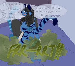 anthro clothed clothing dialogue dominant dominant_female duo facesitting fart fart_fetish farting_on_face female heart_symbol looking_pleasured male male/female nude sitting_on_another smile sound_effects submissive submissive_male text thick_thighs vowelless vowelless_sound_effect waist_grab pipskunk felid mammal pantherine tiger absurd_res english_text hi_res