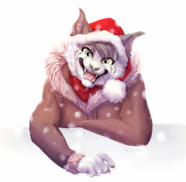 ambiguous_gender anthro cheek_tuft christmas_clothing christmas_headwear clothed clothing facial_tuft fangs fluffy front_view fur grey_body grey_fur hat headgear headwear holidays inner_ear_fluff jacket looking_at_viewer open_mouth santa_hat simple_background snow snowing solo teeth topwear tuft whiskers white_background white_body white_fur skiaskai christmas felid feline mammal 2015