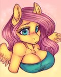 anthro big_breasts breasts cleavage clothed clothing eyebrows eyelashes female hair solo text wings cheezayballz friendship_is_magic hasbro my_little_pony mythology fluttershy_(mlp) equid equine mammal mythological_creature mythological_equine pegasus 2025 4:5 artist_name digital_media_(artwork) hi_res