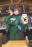 animal_humanoid apron barleyshake big_breasts blue_eyes blush breasts brown_hair cleavage clothed clothing coffee_cup coffee_shop container cotton_tail cup female hair hi_res hollybun humanoid inner_ear_fluff lagomorph lagomorph_humanoid leporid_humanoid long_hair mammal mammal_humanoid menu multicolored_hair rabbit_humanoid smile solo store tuft two_tone_hair uniform
