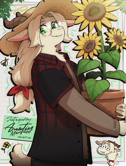 2_horns anthro clothed clothed_anthro clothed_male clothing eyewear flower freckled_face freckles fully_clothed fully_clothed_anthro fully_clothed_male fur furgonomic_hat furgonomic_headwear furgonomics glasses green_eyes hair hat headgear headwear holding_object horizontal_pupils horn long_hair looking_at_viewer male plant plant_pot pupils round_glasses shirt smile solo sun_hat sunflower t-shirt topwear wearing_glasses white_body white_fur white_hair 00niine austin_(00niine) bovid caprine goat mammal