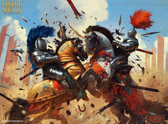 armor cloud day destruction feral fight group headgear helmet male on_hind_legs outside plate_armor riding tail tomasz_jedruszek flesh_and_blood legend_story_studios equid equine horse human mammal official_art