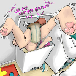 anthro bodily_fluids changing_table diaper diaper_pail discarded_diaper duo genital_fluids male puzzle_mat soiled_diaper unclean_diaper urine used_diaper wet_diaper wetness_indicator sonpop dreamyart_(character) hybrid 1:1 absurd_res hi_res