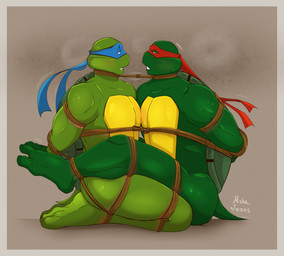 2_toes anthro bdsm bodily_fluids bondage bound bound_together duo feet fingers green_body knot male male/male restraints rope rope_bondage rope_harness shell simple_background tail toes mishajeans teenage_mutant_ninja_turtles leonardo_(tmnt) raphael_(tmnt) reptile scalie turtle absurd_res digital_media_(artwork) hi_res brother_(lore) brothers_(lore) incest_(lore) sibling_(lore)