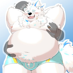anthro belly belly_grab big_belly blush bulge clothing duo groping_from_behind kemono male moob_grab moobs nipples overweight overweight_male solo_focus underwear mohumohudansi lifewonders live_a_hero yohack canid canine canis domestic_dog mammal 1:1 2026 hi_res