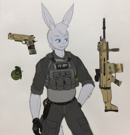 anthro blue_eyes clothed clothing explosives fur grenade gun handgun male mercenary military ranged_weapon soldier solo warrior weapon white_body white_fur zhs zzinhimsum perkins_jonathan_lotty lagomorph leporid mammal rabbit absurd_res hi_res