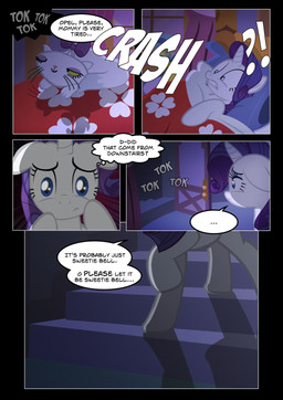 blue_eyes dialogue ellipsis exclamation_point female feral hair horn inside interrobang night purple_hair question_mark stairs text window radiantrealm friendship_is_magic hasbro my_little_pony mythology opalescence_(mlp) rarity_(mlp) domestic_cat equid equine felid feline felis mammal mythological_creature mythological_equine unicorn 2014 comic english_text hi_res multiple_scenes