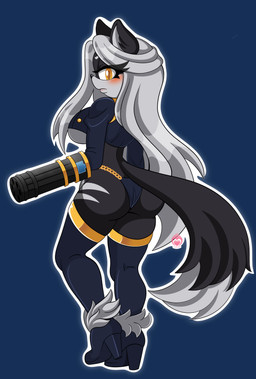amber_eyes anthro black_body black_fur black_tail chain clothing dipstick_tail female footwear fur gatling_gun gold_(metal) gold_chain gun gun_arm hair high_heels leggings legwear long_hair looking_at_viewer machine_gun markings minigun pointy_ears ranged_weapon shoes solo tail tail_markings topwear weapon weapon_arm white_hair white_tail_tip amyrose116 lena_the_jackal canid canine canis jackal mammal absurd_res hi_res