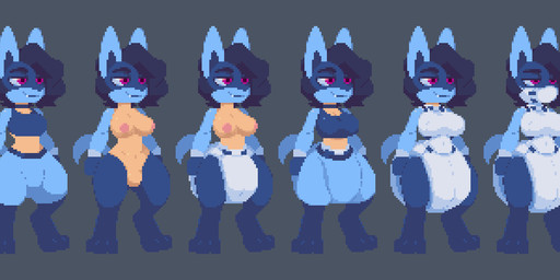 anthro black_hair blue_body breasts clothed clothing diaper diaper_clothing diaper_corset diapersuit exposed_breasts female hair solo tan_body wearing_diaper rouwrf nintendo pokemon koze_(rouwrf) generation_4_pokemon lucario pokemon_(species) 2025 collage_(artwork) digital_drawing_(artwork) digital_media_(artwork) multiple_images pixel_(artwork)