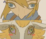 absurd_res ambiguous_gender anime_kubrick_stare blonde_hair blue_clothing blue_eyes blue_shirt blue_topwear blue_tunic blush cheek_tuft clothing dragon duo ear_piercing ear_ring ears_down eastern_dragon facial_tuft female female_(lore) feral fisheye_lens fur furred_dragon furred_scalie hair hi_res humanoid humanoid_pointy_ears humor hylian icon light_dragon_(totk) link looking_at_another looking_at_viewer male male/female meme multicolored_body multicolored_fur mythological_creature mythological_scalie mythology nintendo piercing pivoted_ears purple_sclera redraw ring_piercing scalie shirt stare tatujapa tears_of_the_kingdom the_legend_of_zelda topwear tuft tunic