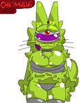 antenna_hair anthro armor big_ears breasts collar_ring female fluffy fluffy_chest fluffy_tail fur green_body green_fur hair metal_panties tail thigh_fluff tongue tongue_out visor_eyes whiskers chromulus zoopler_(chromulus) alien domestic_cat felid feline felis mammal low_res