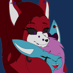 accessory anthro between_breasts bow_ribbon breasts chin_on_head duo ear_piercing facial_piercing female female/female fur fur_markings hair_accessory hair_bow hair_ribbon hug lip_piercing markings piercing ribbons size_difference tattoo frostarproductions canid canine fox mammal 1:1 alpha_channel hi_res