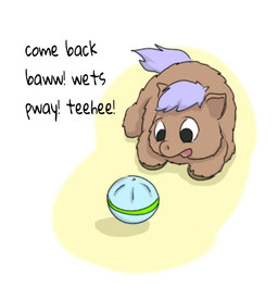 ambiguous_feral ambiguous_gender baby_talk ball black_eyes brown_body brown_fur dialogue feral front_view fur hair looking_at_object open_mouth purple_hair purple_tail solo standing tail text young young_ambiguous young_feral carpdime fluffy_pony fluffy_pony_(species) mammal digital_media_(artwork) english_text shaded