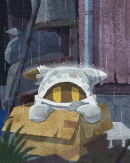 alley ambiguous_gender box brown_body cardboard cardboard_box clothed clothing container damaged_clothing detailed_background ears_down homeless in_box in_container not_furry pivoted_ears raining sad solo wet yellow_eyes ara_love_kirby kirby's_return_to_dream_land_deluxe kirby_(series) nintendo magolor waddling_head 2023 4:5 digital_drawing_(artwork) digital_media_(artwork) hi_res japanese_description