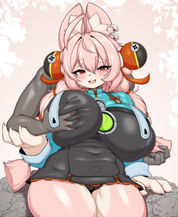 anthro anthro_focus big_breasts blush breast_grab breasts camel_toe clothed clothing duo female female_focus hand_on_breast huge_breasts looking_at_viewer solo_focus tailzkim mihoyo zenless_zone_zero zhao lagomorph leporid mammal rabbit thiren 2026