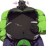 1:1 anthro belly belly_rub big_belly bloated bobert bodily_fluids bulge clothed clothing erection felid fur genitals hi_res inflation lustful_gaze male mammal moobs morgan_(sillysigma) muscular muscular_anthro muscular_male navel nipples overweight overweight_male pantherine pecs solo tiger