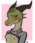 anthro blush blush_lines breasts clothed clothing female green_body green_scales horn nipples raised_clothing raised_shirt raised_sweater raised_topwear scales shirt small_breasts solo sweater topwear iseenudepeople mythology leste_(jaune_fletcher) dragon kobold mythological_creature mythological_scalie scalie 2023 absurd_res hi_res