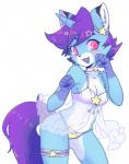 anthro belly blue_body blue_fur choker clothing female fur hair horn jewelry lingerie navel necklace open_mouth purple_hair red_eyes solo underwear white_belly rebotodlive tammy_(tammycat) felid mammal hi_res