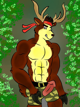 abs anthro antlers arm_tuft aroused belt belt_buckle biped black_belt black_hooves black_nose bottomwear brown_body brown_eyebrows brown_fur brown_hair buckle cheek_tuft clenched_teeth clothed clothing collarbone digitigrade ears_outwards elbow_tuft erection eyebrows facial_tuft fur genitals hair headgear headkerchief headwear hoof_hands hooves horn humanoid_genitalia humanoid_penis kerchief leaf looking_at_genitalia looking_at_own_penis looking_at_penis looking_at_self looking_down looking_down_at_genitalia looking_down_at_penis looking_down_at_self male military_shorts multicolored_body multicolored_fur muscular muscular_anthro muscular_male outside pecs penis pink_penis pivoted_ears plant pose red_headkerchief red_kerchief ribs scut_tail short_tail shorts shrub solo standing tail teeth topless topless_anthro topless_male tuft two_tone_body two_tone_fur white_sclera yellow_body yellow_fur deerdigger1989 deer_avenger bambo deer mammal 2014 3:4 colored hi_res pinup shaded