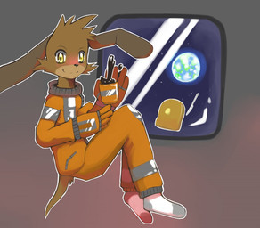 anthro beverage biped blush bread breakfast clothing coffee coffee_mug container cup earth floating food footwear holding_container holding_cup holding_object legwear long_ears looking_at_viewer male planet side_view smile socks solo space spacesuit toast window whiteleo canid canine canis domestic_dog mammal