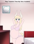 blonde_hair bra clock clothing female green_eyes hair horn looking_at_viewer open_mouth panties pink_clothing pink_panties pink_underwear pose pregnant raised_arm solo tail underwear wide_hips foxtide888 my_hero_academia tsunotori_pony animal_humanoid equid equid_humanoid equine equine_humanoid humanoid mammal mammal_humanoid