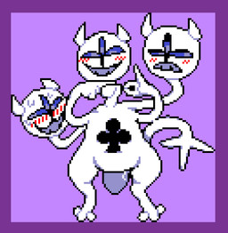 3_eyes 3_heads 3_toes anthro black_markings blue_eyes blue_sclera blush blush_lines bodily_fluids border feet female female_anthro fur gesture looking_aside looking_at_viewer markings multi_eye multi_head purple_background purple_border red_blush semi-anthro sex_gesture simple_background smile solo standing suggestive suggestive_gesture sweat sweaty_face tail toes white_body white_fur white_tail vussybussy deltarune european_mythology greek_mythology mythology undertale_(series) clover_(deltarune) canid canid_demon canine cerberus darkner demon hellhound mammal mythological_canine mythological_creature 2025 digital_media_(artwork) pixel_(artwork)