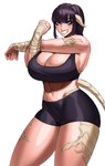 athletic athletic_female bangs big_breasts black_hair blue_eyes bottomwear bra breasts cleavage clothed clothing eyebrow_through_hair eyebrows female grin hair horn hotpants huge_breasts midriff navel scales shorts smile solo sports_bra teeth translucent translucent_hair underwear sotcho final_fantasy final_fantasy_xiv square_enix animal_humanoid au_ra humanoid scalie scalie_humanoid 2024 absurd_res hi_res