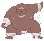 anthro belly bodily_fluids brown_body brown_fur bulge butt_slap chubby_cheeks clothing eyes_closed feet foot_wraps fur hand_wraps humanoid_hands kemono male moobs navel nipples overweight overweight_anthro overweight_male simple_background slap slapping_own_butt slapping_self smile sweat underwear white_background wraps chisa_sa bear mammal 2020