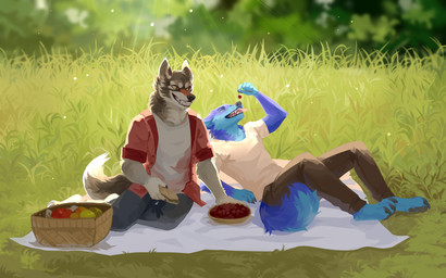 anthro basket blue_body blue_eyes blue_fur blurred_background bottomwear brown_bottomwear brown_clothing brown_eyes brown_pants clothed clothing container duo fluffy fluffy_tail food front_view fur grass grey_body grey_bottomwear grey_clothing grey_fur grey_pants grin head_tuft light light_beam male pants picnic_basket pink_tongue plant reclining red_clothing red_topwear smile sunbeam sunlight tail tan_clothing tan_topwear tongue tongue_out topwear tuft unsigned white_body white_clothing white_fur white_topwear corzh77 canid mammal 16:10 absurd_res hi_res widescreen
