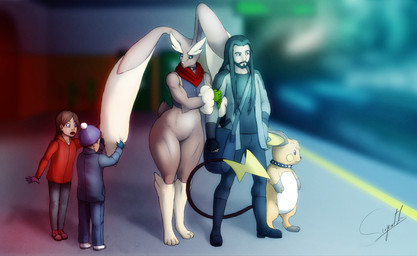 annoyed annoying anthro bag blurred_background bothered bottomless brown_body brown_fur clothed clothing collar digitigrade ear_grab facial_hair featureless_crotch fur group hair lightning_bolt_tail long_hair lopunnite male mega_stone mega_stone_collar orange_body orange_fur outside partially_clothed satchel scut_tail short_tail size_difference stripes tail tan_body tan_fur thick_thighs touching_ear train train_station vehicle white_body white_fur yellow_cheeks young sergiroth nintendo pokemon usagina_(sergiroth) generation_1_pokemon generation_4_pokemon human lagomorph leporid lopunny mammal pokemon_(species) rabbit raichu rodent hi_res