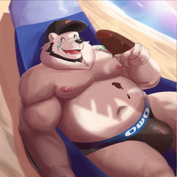 anthro beard belly big_belly bulge clothing facial_hair food humanoid_hands male moobs navel nipples outside overweight overweight_male solo sun underwear korouxus bear mammal polar_bear ursine 1:1 2022 hi_res